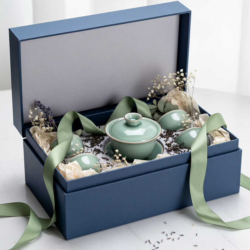 Pale celadon gaiwan and four matching cups presented in a navy gift box with flowers, tea leaves and a sage ribbon