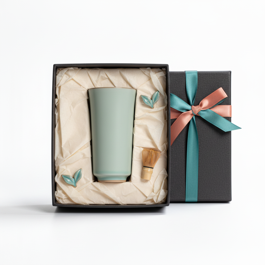Tall pale celadon green ceramic cup arranged in an elegant gift box with teal and coral ribbon