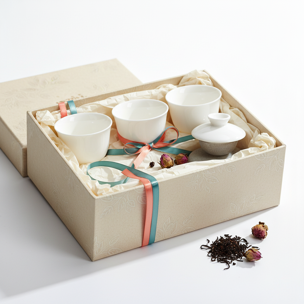 Set of three white handleless ceramic tea cups in an elegant gift box with tea accessories