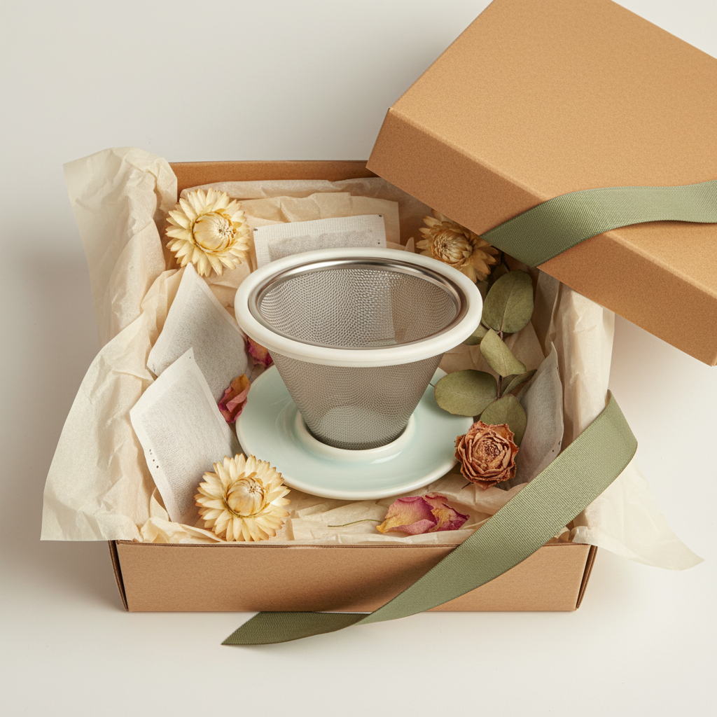 White ceramic tea infuser with matching saucer presented in a kraft gift box with a sage ribbon