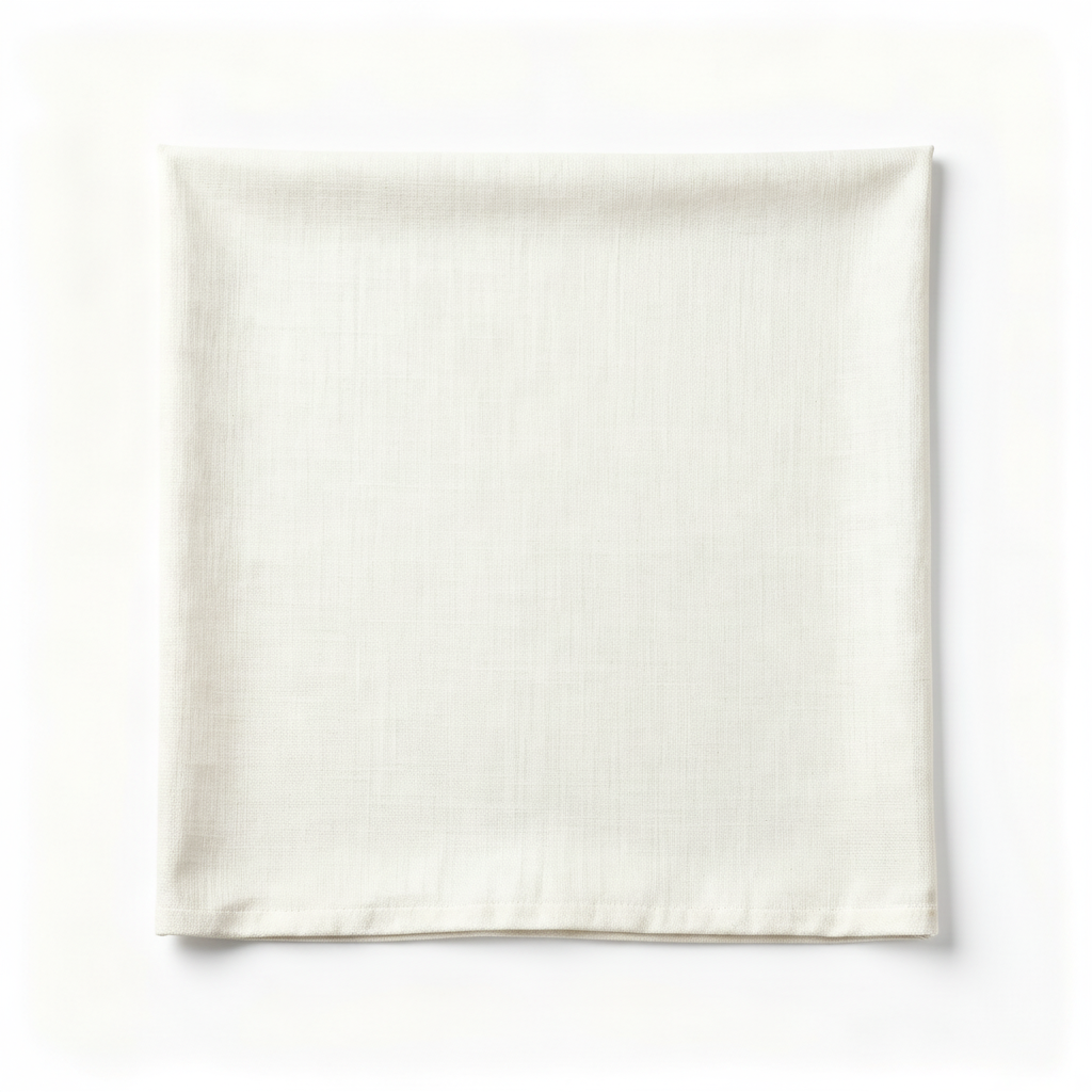 Square off-white linen tea napkin laid flat on a white background with a clean finished border