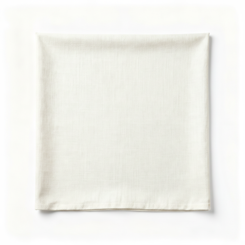 Square off-white linen tea napkin laid flat on a white background with a clean finished border