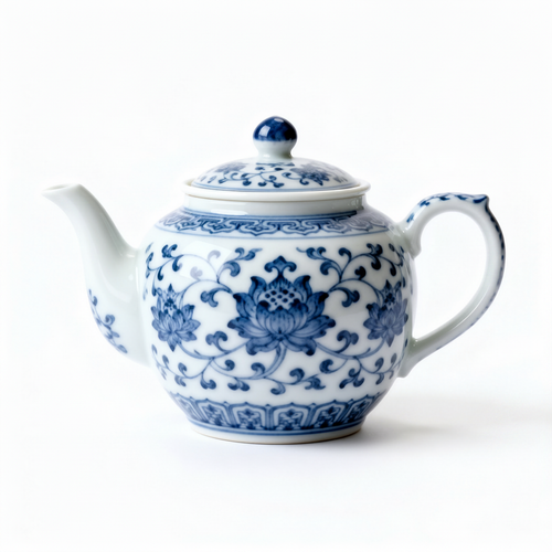 White ceramic teapot with cobalt blue floral pattern, fitted lid and curved handle on a white background
