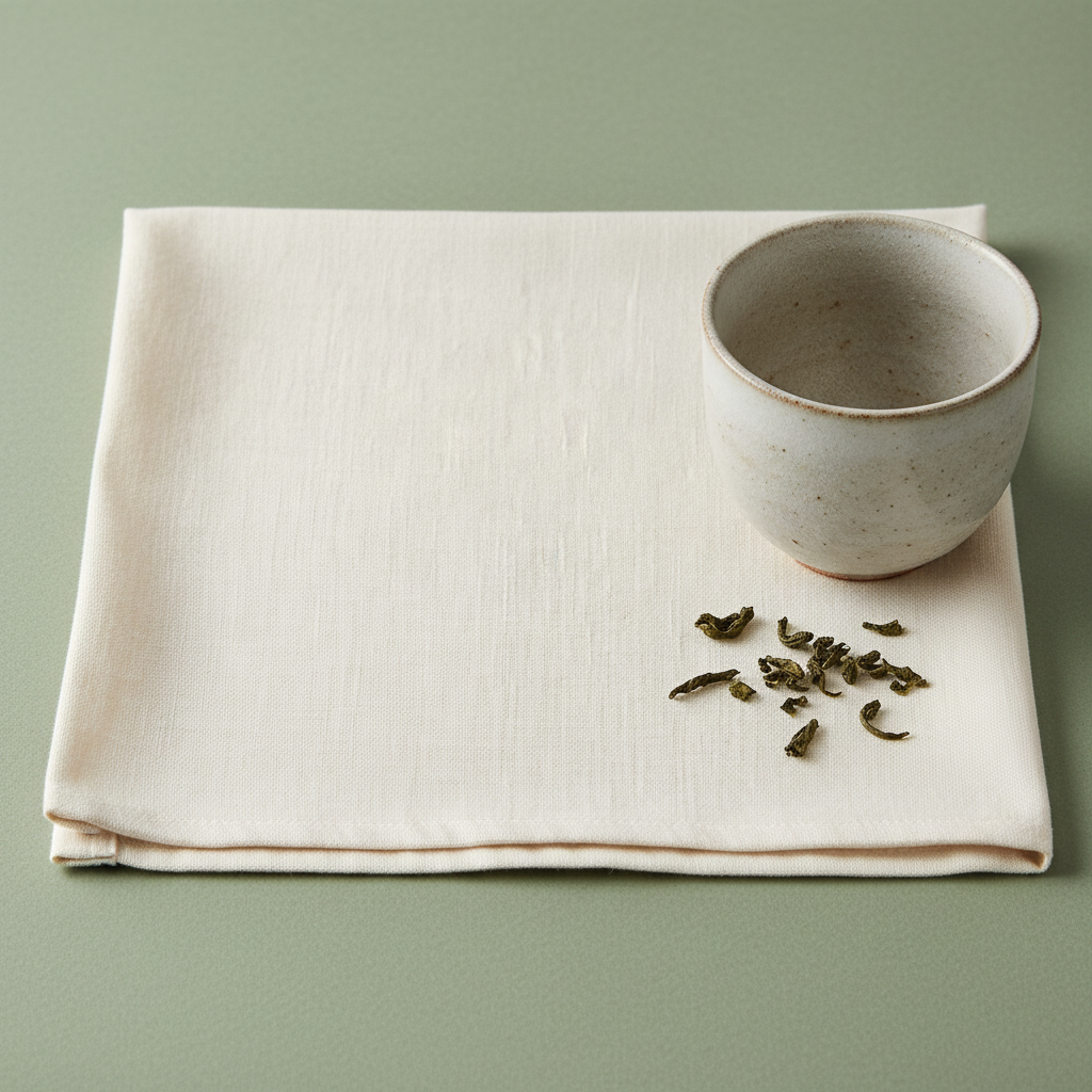 Close-up of the woven texture and finished border of a square off-white linen tea napkin beside a cup