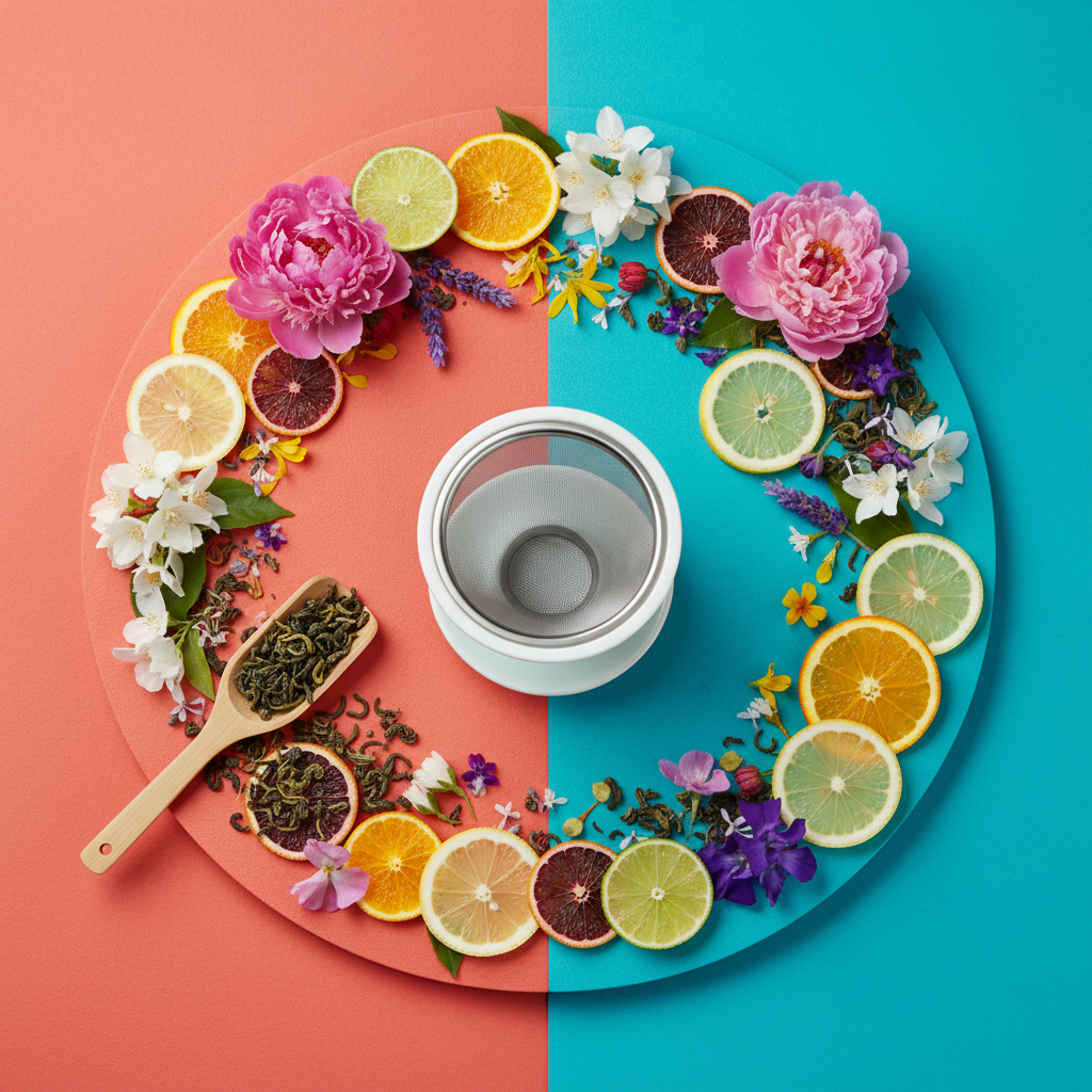 White ceramic tea infuser surrounded by colorful citrus, flowers and loose tea on a coral and turquoise table