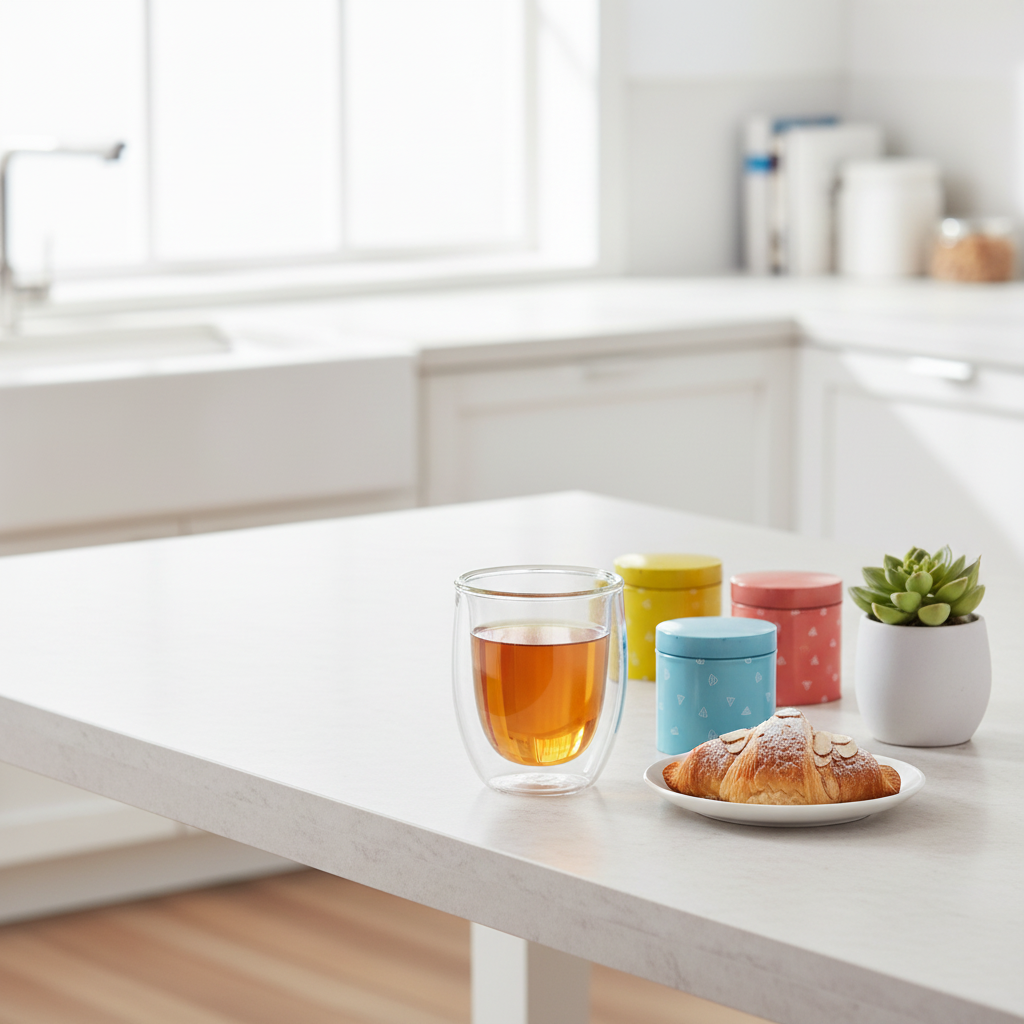 Clear double-wall glass tea cup with amber tea beside colorful tea tins and a pastry in a bright kitchen