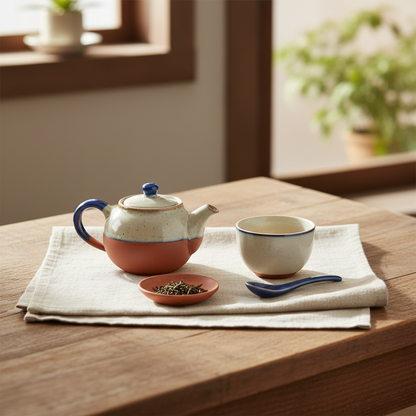 Natural ivory linen tea towel arranged beneath a colorful teapot and tea cup