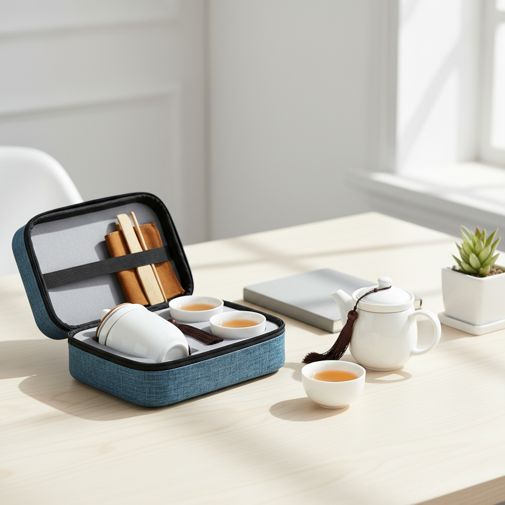 Blue portable tea set open on a bright office desk with white teaware and two tasting cups