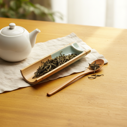 Bamboo tea scoop and long tea tray beside a white teapot on a warm wood table