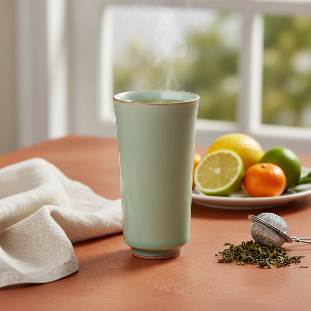 Tall pale celadon green handleless tea cup on a terracotta table with citrus, tea leaves and linen