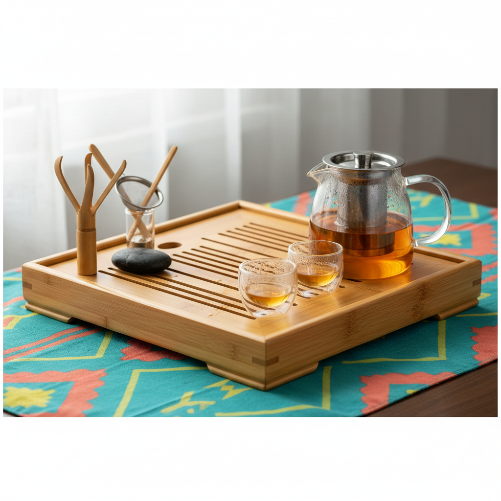 Large bamboo drainage tea tray with glass teapot, cups and tea tools on a colorful patterned table
