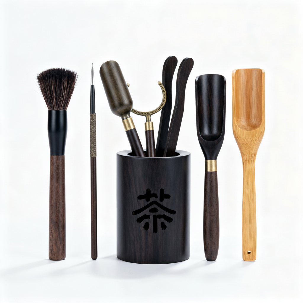 Black cylindrical tea utensil holder with brush, scoop, needle, tweezers, tongs and bamboo tea tools on white