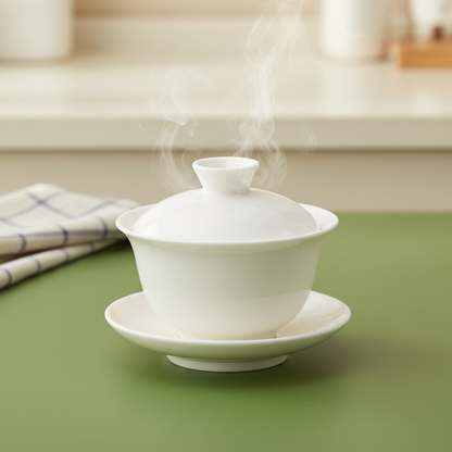 White covered serving bowl with saucer on a sage green kitchen counter