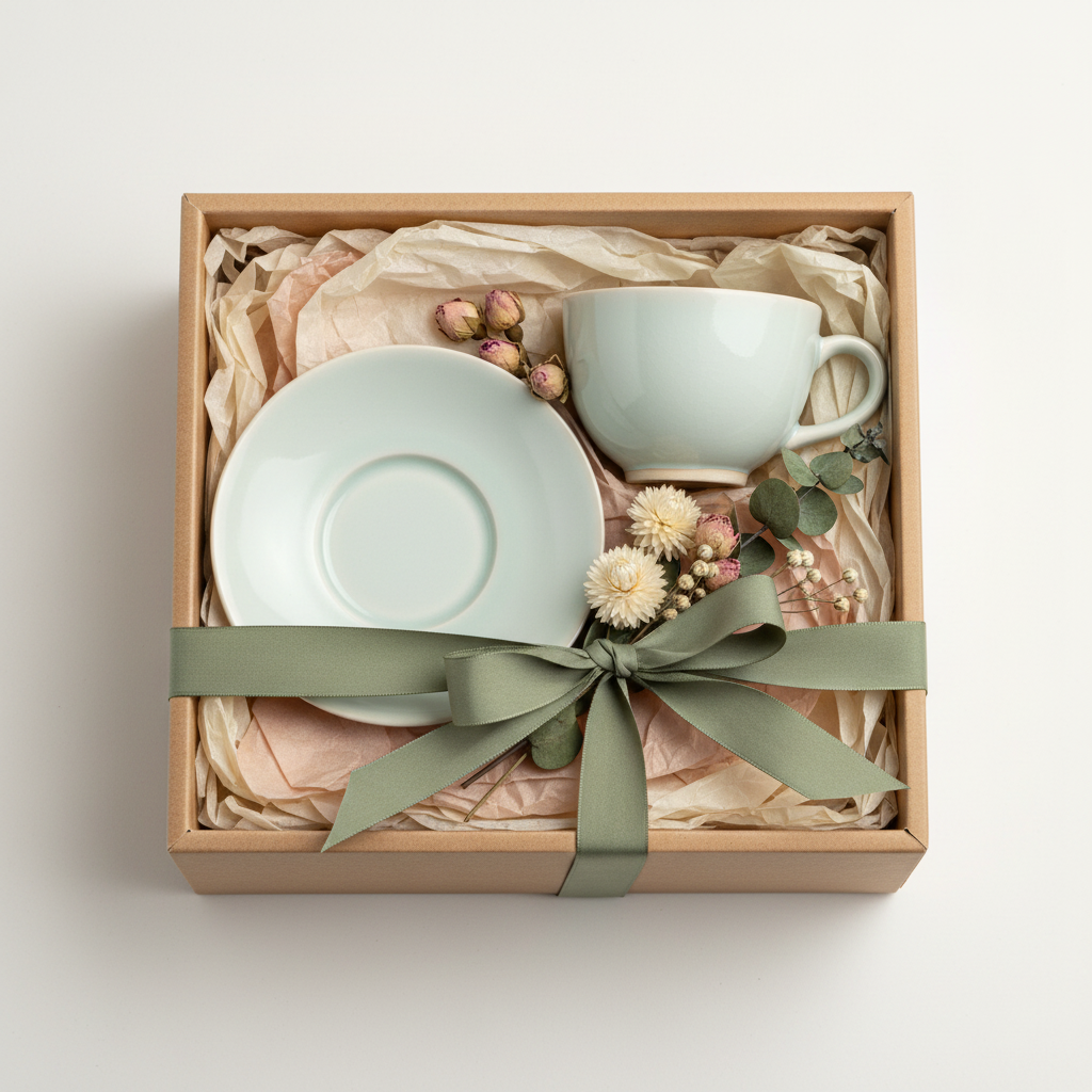 Pale celadon ceramic tea saucer and matching cup arranged in a gift box with a sage ribbon