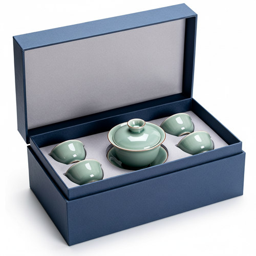 Pale celadon-green lidded gaiwan and four matching tasting cups in an open navy gift box