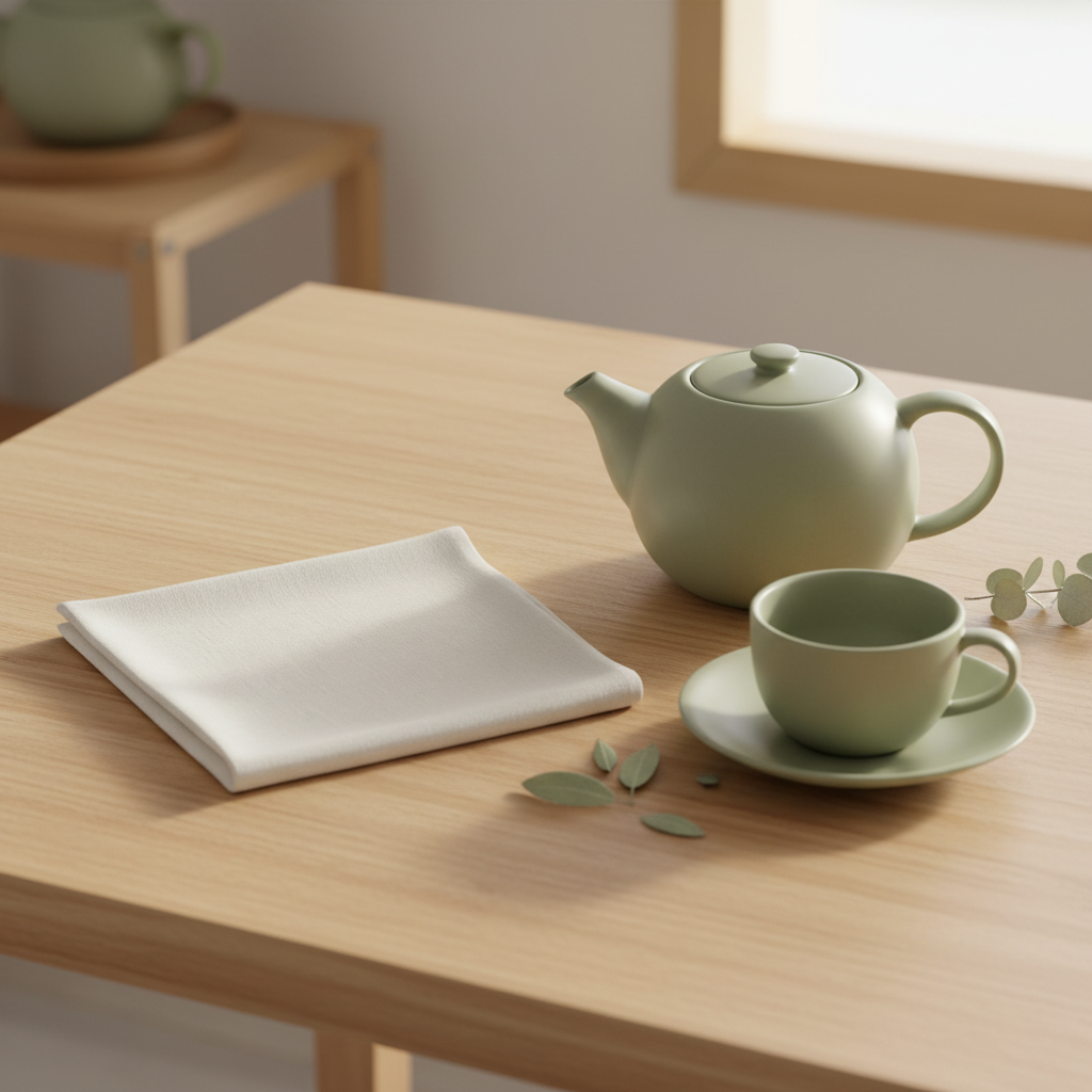 Folded square off-white linen tea napkin beside a ceramic teapot and teacup on a wooden tea table