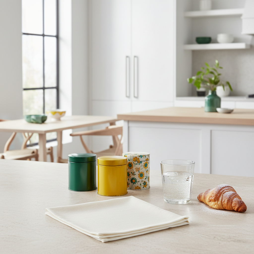 Folded square off-white linen tea napkin beside a glass cup, pastry and colorful tea tins in a bright kitchen