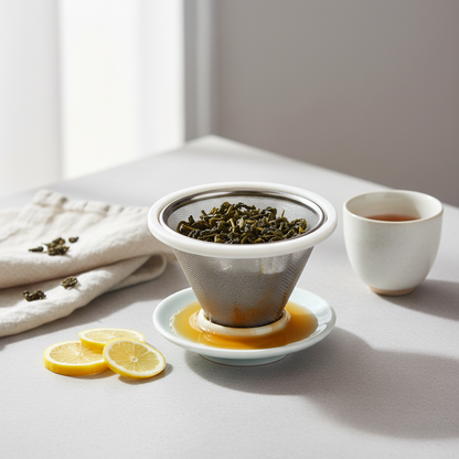White ceramic tea infuser filled with loose tea beside a cup, lemon slices and a linen napkin