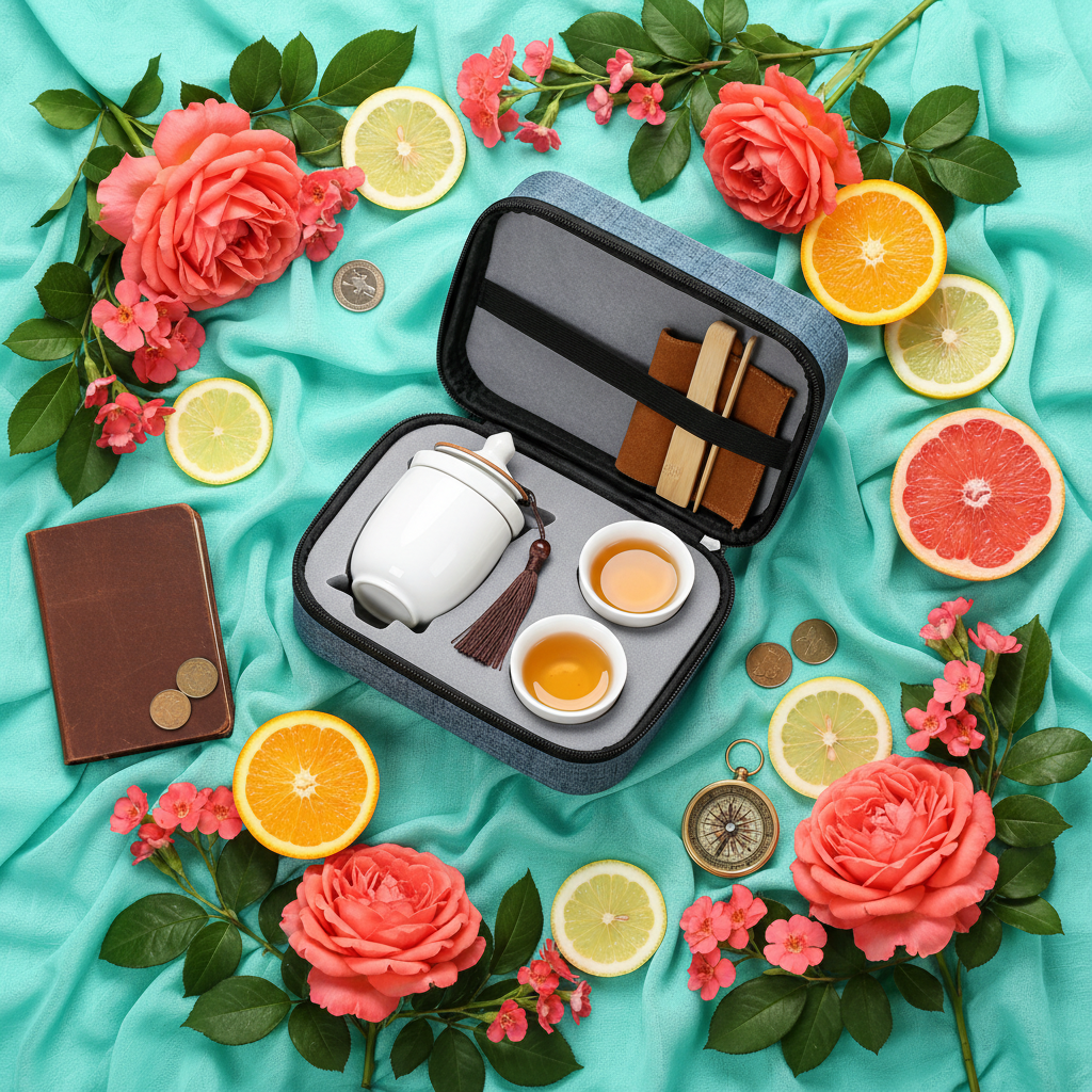 Blue portable tea set surrounded by citrus, coral flowers and travel accessories on turquoise fabric