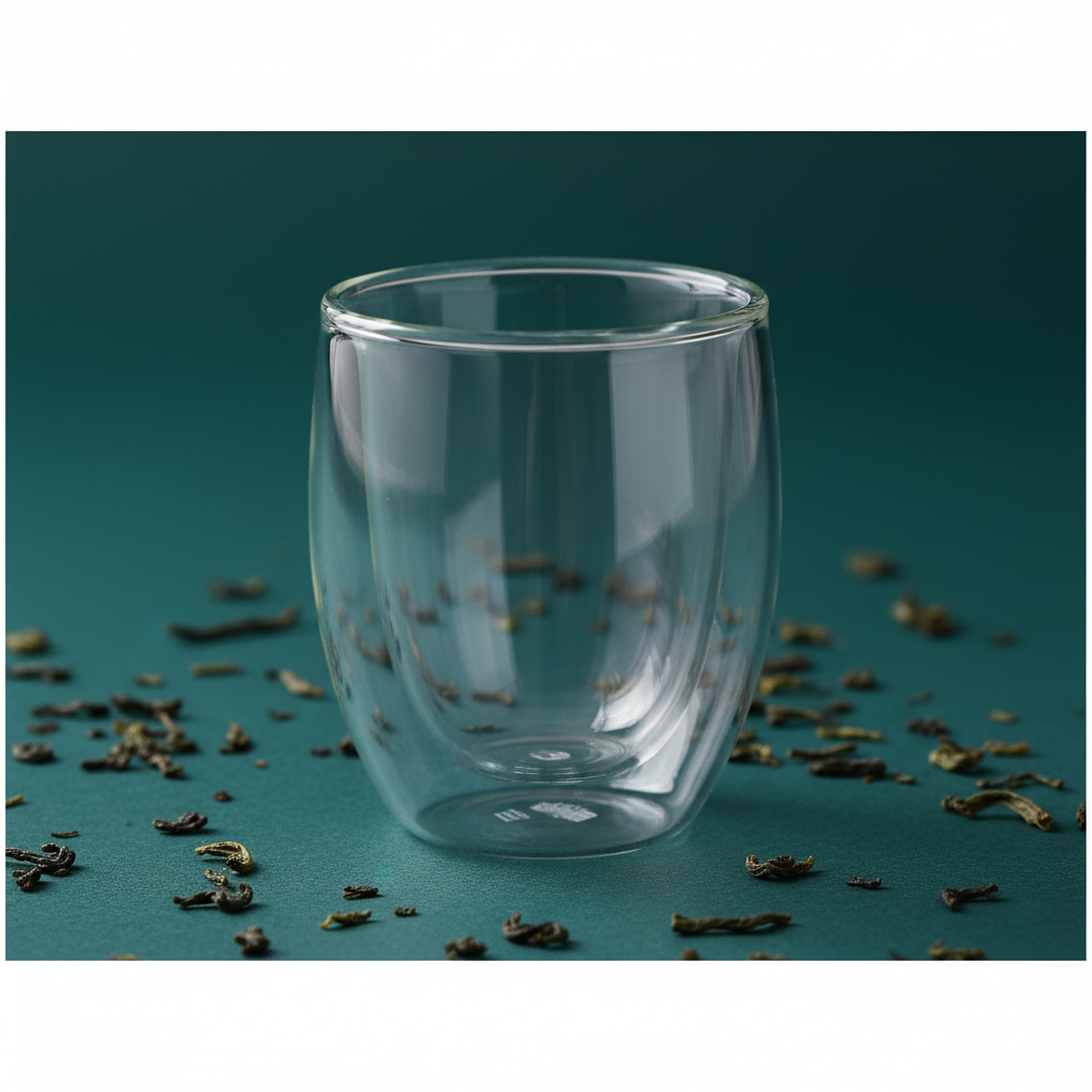 Close-up of the transparent double-wall structure and floating inner base of a clear glass tea cup