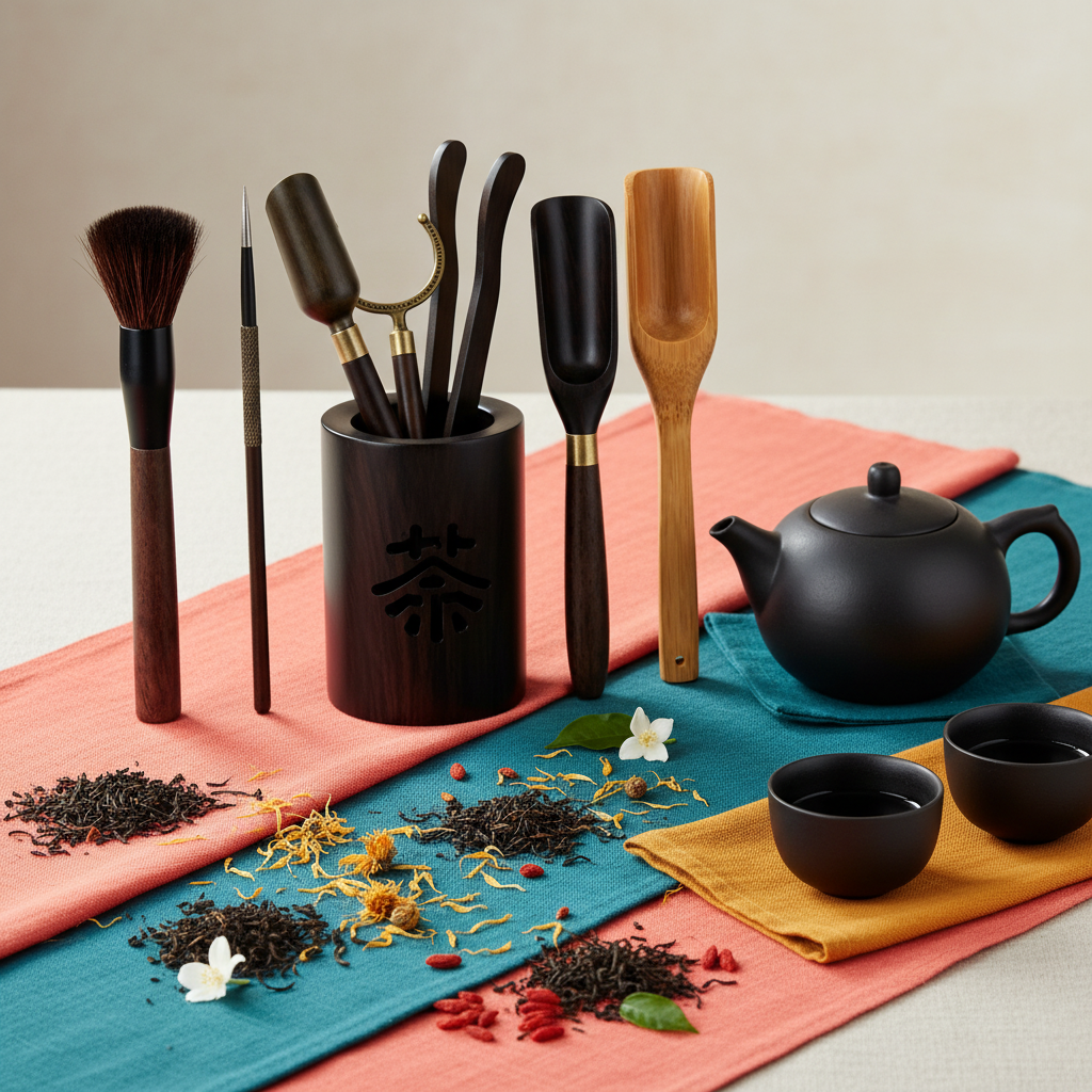 Black tea ceremony utensil set with colorful linens, teapot, tea cups and loose tea leaves