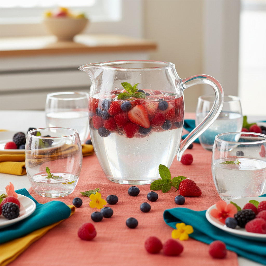 Clear glass pitcher filled with berry-infused water on a colorful dining table with glasses and fruit