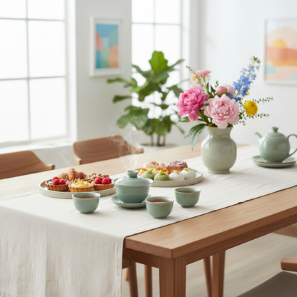 Pale celadon gaiwan and matching tasting cups arranged on a bright dining table with pastries and flowers