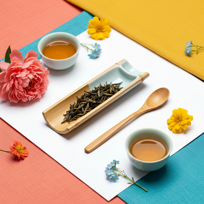 Bamboo tea scoop and leaf tray with pale celadon insert on colorful linens with flowers and tea cups
