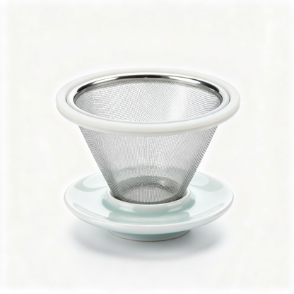 White ceramic tea infuser with fine stainless-steel mesh basket and matching saucer on a white background