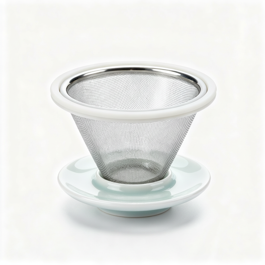 White ceramic tea infuser with fine stainless-steel mesh basket and matching saucer on a white background