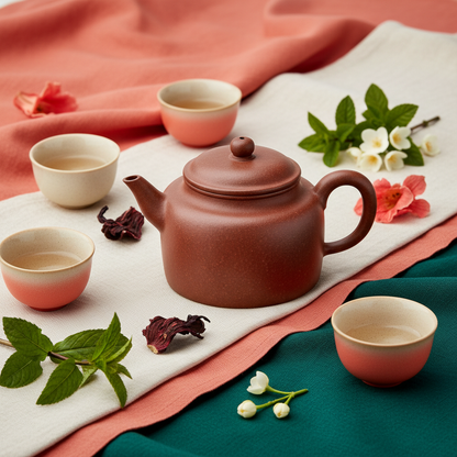 Warm reddish-brown covered teapot on coral and emerald linens with tea cups and flowers