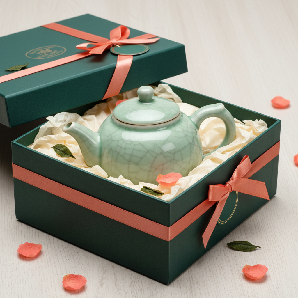 Pale sage green crackle-glaze teapot presented in an elegant green gift box with coral ribbon