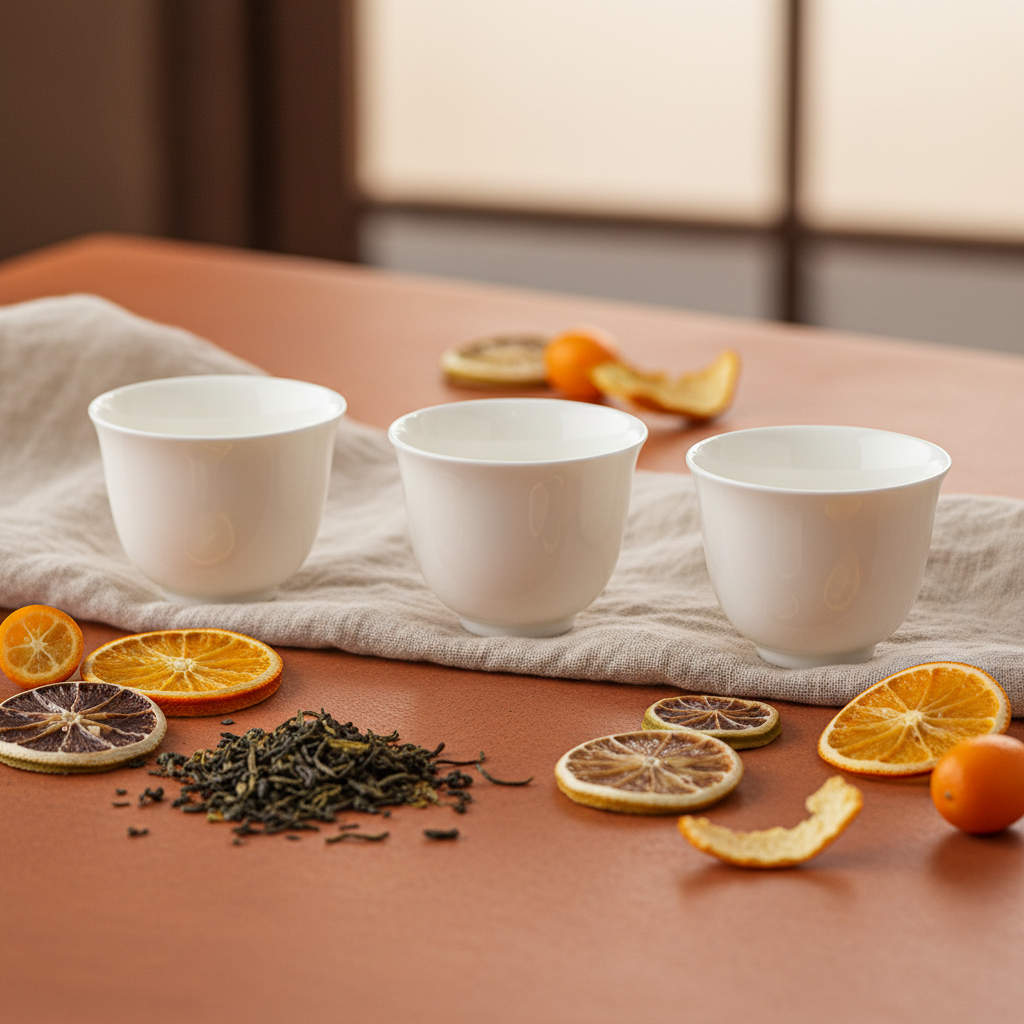 Three white handleless ceramic tea cups on a terracotta table with tea leaves, citrus and linen