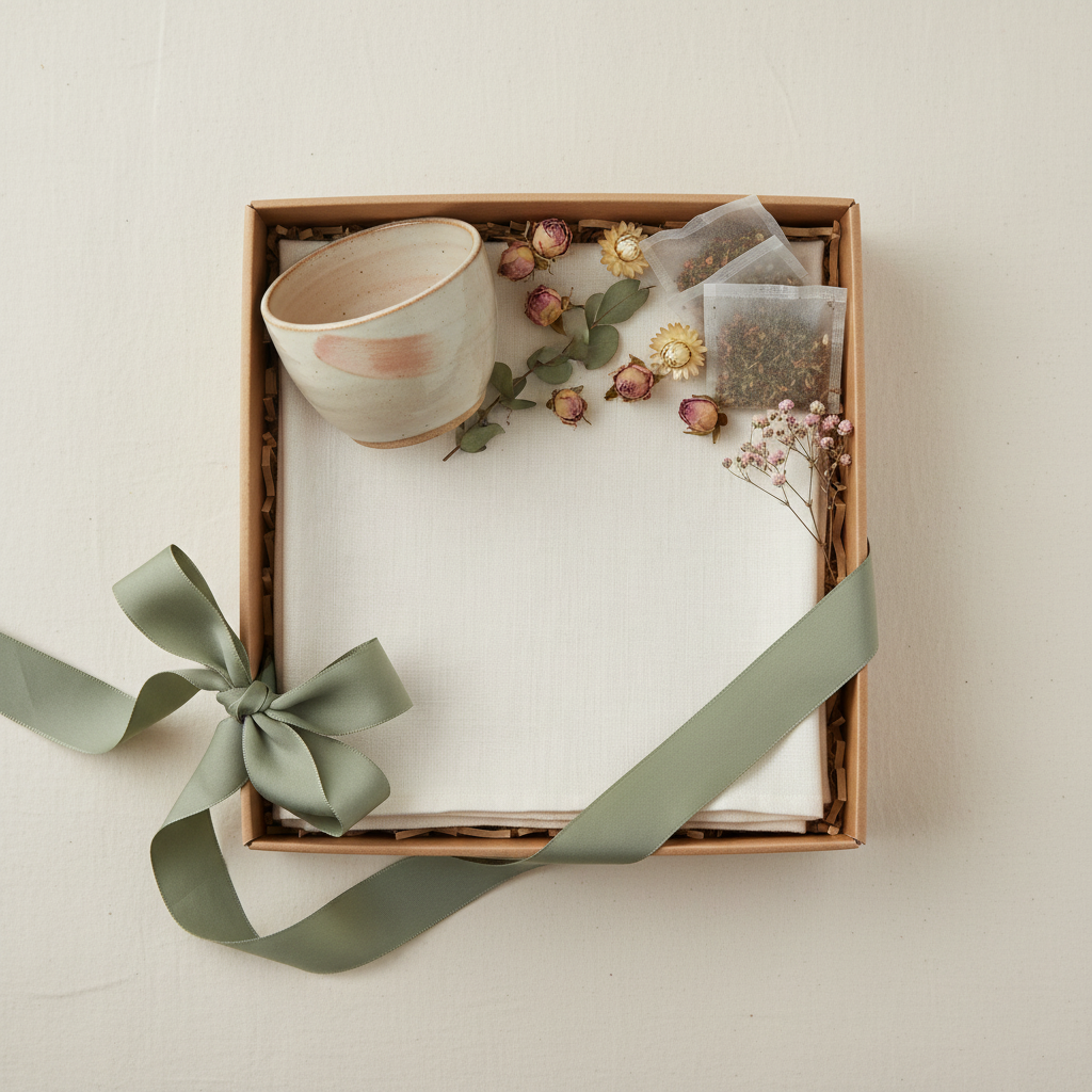 Square off-white linen tea napkin folded in a gift box with a cup, tea sachets, flowers and a sage ribbon
