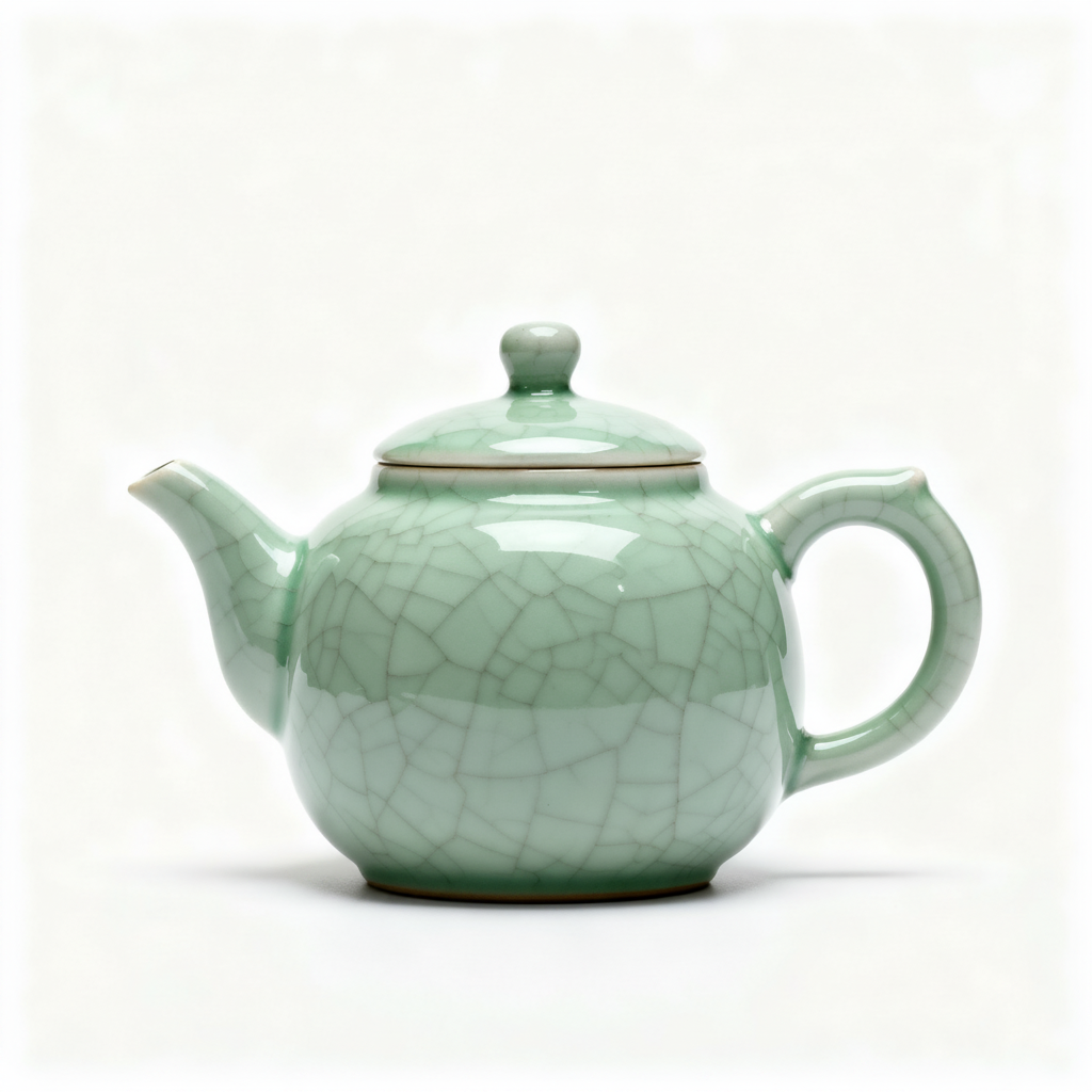 Pale sage green crackle-glaze covered teapot with curved handle and classic spout on a white background