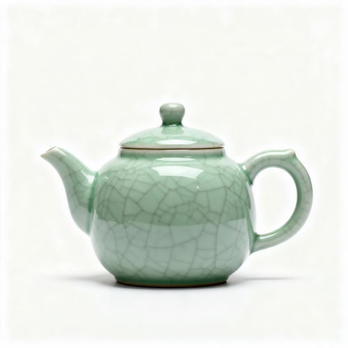 Pale sage green crackle-glaze covered teapot with curved handle and classic spout on a white background