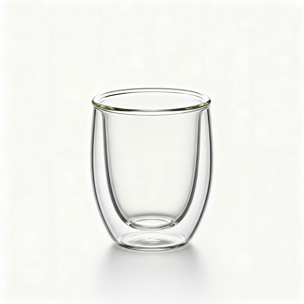 Clear double-wall glass tea cup with floating inner silhouette on a white background