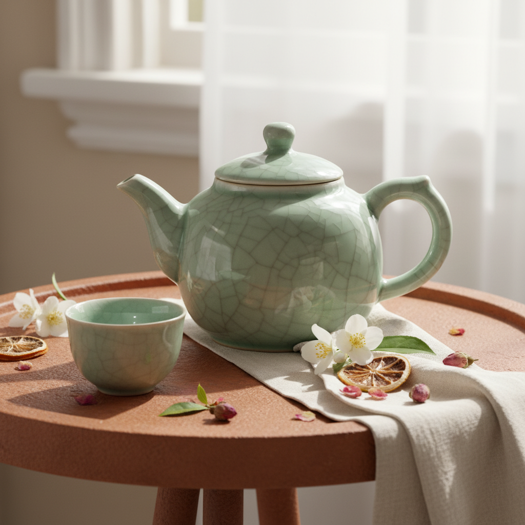 Pale sage green crackle-glaze teapot on a terracotta tea table with flowers and linen