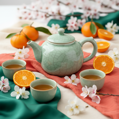 Pale sage green crackle-glaze teapot on coral and teal linens with cups, citrus and flowers