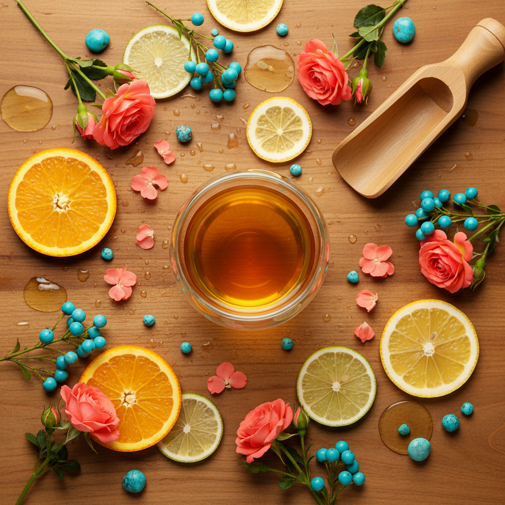 Clear double-wall glass tea cup filled with amber tea surrounded by citrus, flowers and a bamboo scoop
