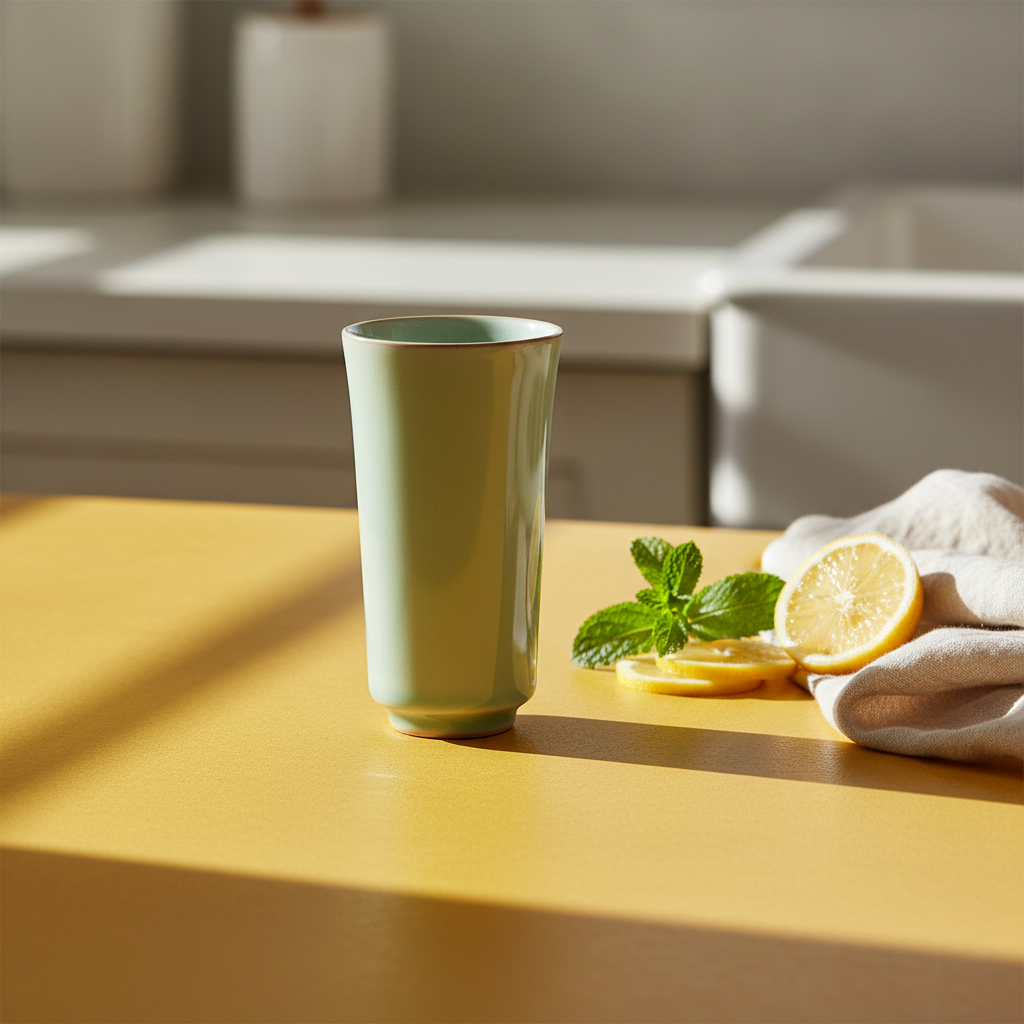 Tall pale celadon green handleless cup on a mustard kitchen counter with mint and lemon