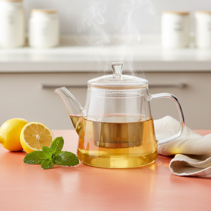 Clear glass infuser teapot with golden tea, lemon and mint on a coral kitchen counter