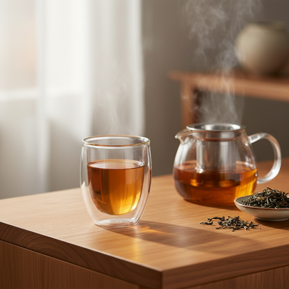 Clear double-wall glass tea cup filled with amber tea beside a glass teapot on a wooden table