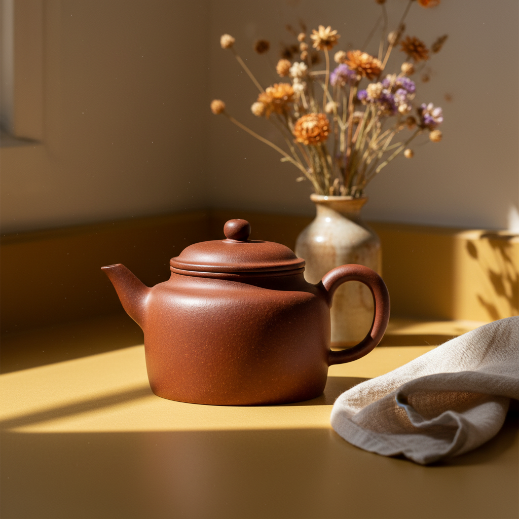 Warm reddish-brown covered teapot on a mustard kitchen counter with flowers and linen