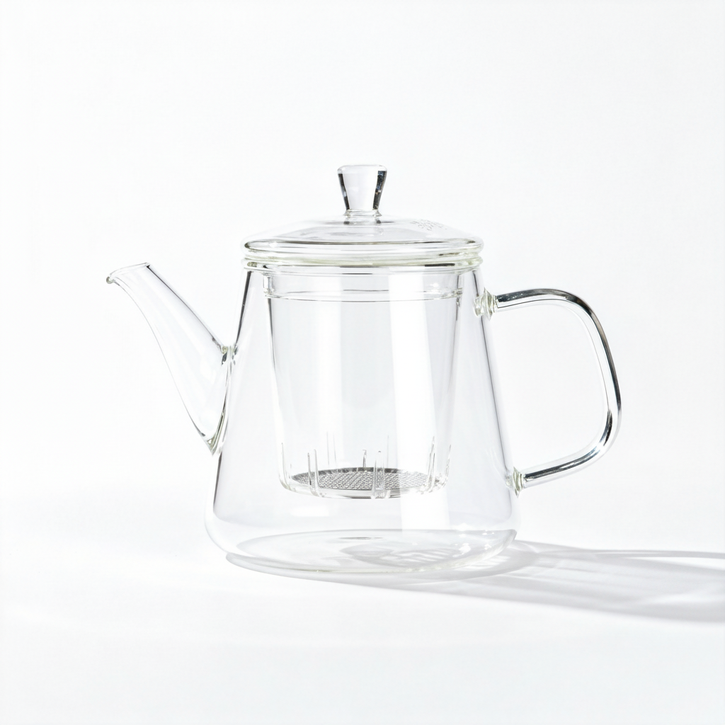 Clear glass infuser teapot with lid, curved handle and visible filter on a white background