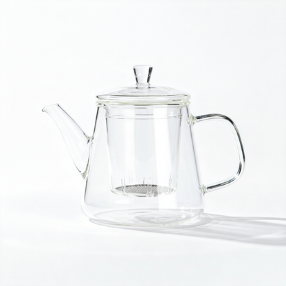 Clear glass infuser teapot with lid, curved handle and visible filter on a white background