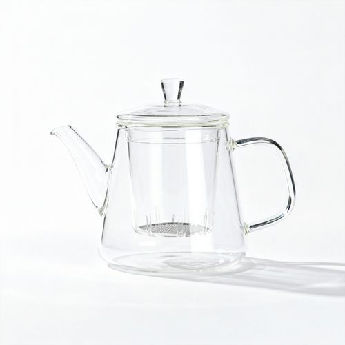 Clear glass infuser teapot with lid, curved handle and visible filter on a white background