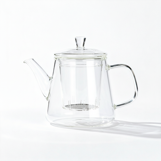 Clear glass infuser teapot with lid, curved handle and visible filter on a white background