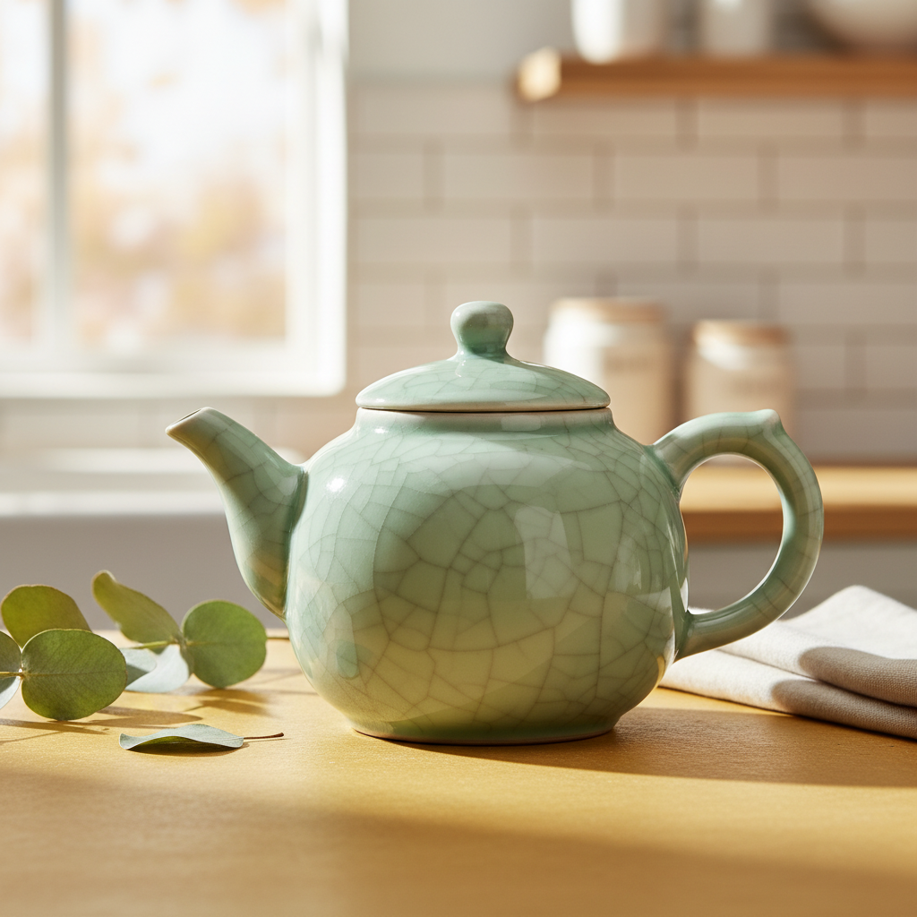 Pale sage green crackle-glaze teapot on a mustard kitchen counter with greenery and linen