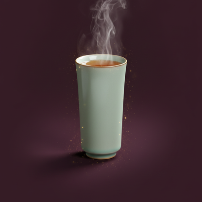 Tall pale celadon green handleless cup filled with warm tea and steam on a plum background